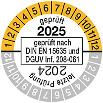 Prüfplakette geprüft nach DIN EN 15635. einjährig 24/25
