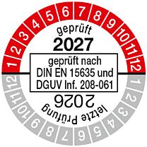 Prüfplakette geprüft nach DIN EN 15635, einjährig 26/27