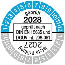 Prüfplakette geprüft nach DIN EN 15635, einjährig 27/28