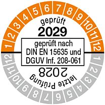 Prüfplakette geprüft nach DIN EN 15635. einjährig 28/29