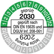 Prüfplakette geprüft nach DIN EN 15635. einjährig 29/30