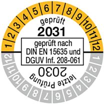 Prüfplakette geprüft nach DIN EN 15635. einjährig 29/30
