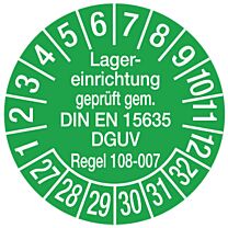 Prüfplakette - Lagereinrichtung geprüft - DIN EN 15635 / DGUV Inform. 208-061